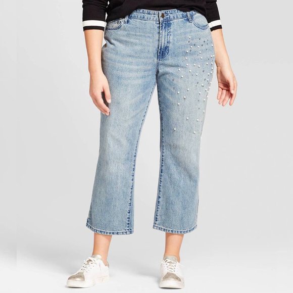 Who What Wear Pearl Embellished Straight Leg High Rise Jeans Size 2 Blue - Picture 1 of 8